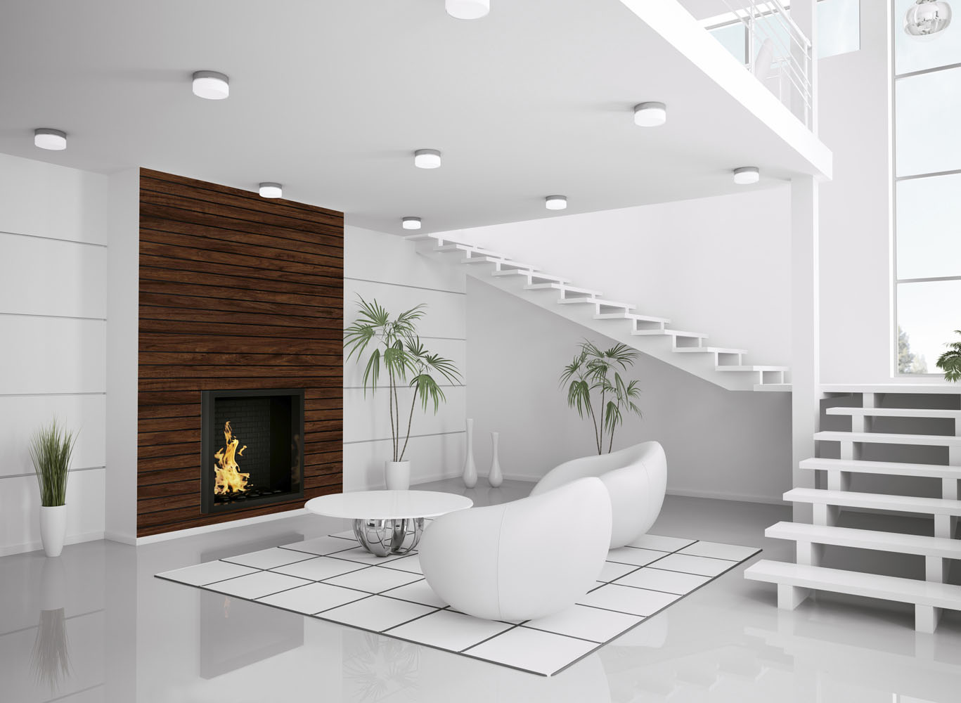 Modern white interior of living room with fireplace and staircase 3d render